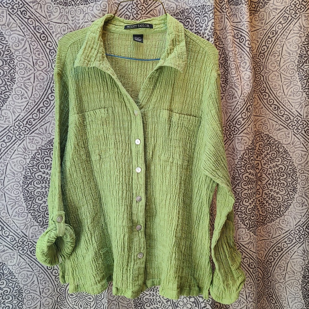Scott Taylor Button Down Shirt Women 2X Lime Green Linen Blend Crinkle Gauze